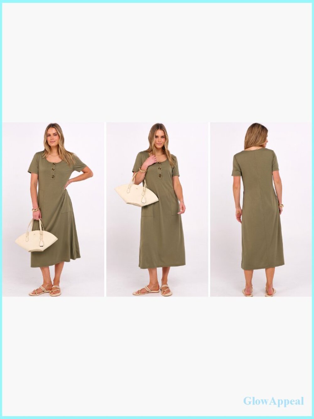 Summer Midi Dress Short Sleeve Button Up Crewneck Loose With Pockets - Picture 7 of 7